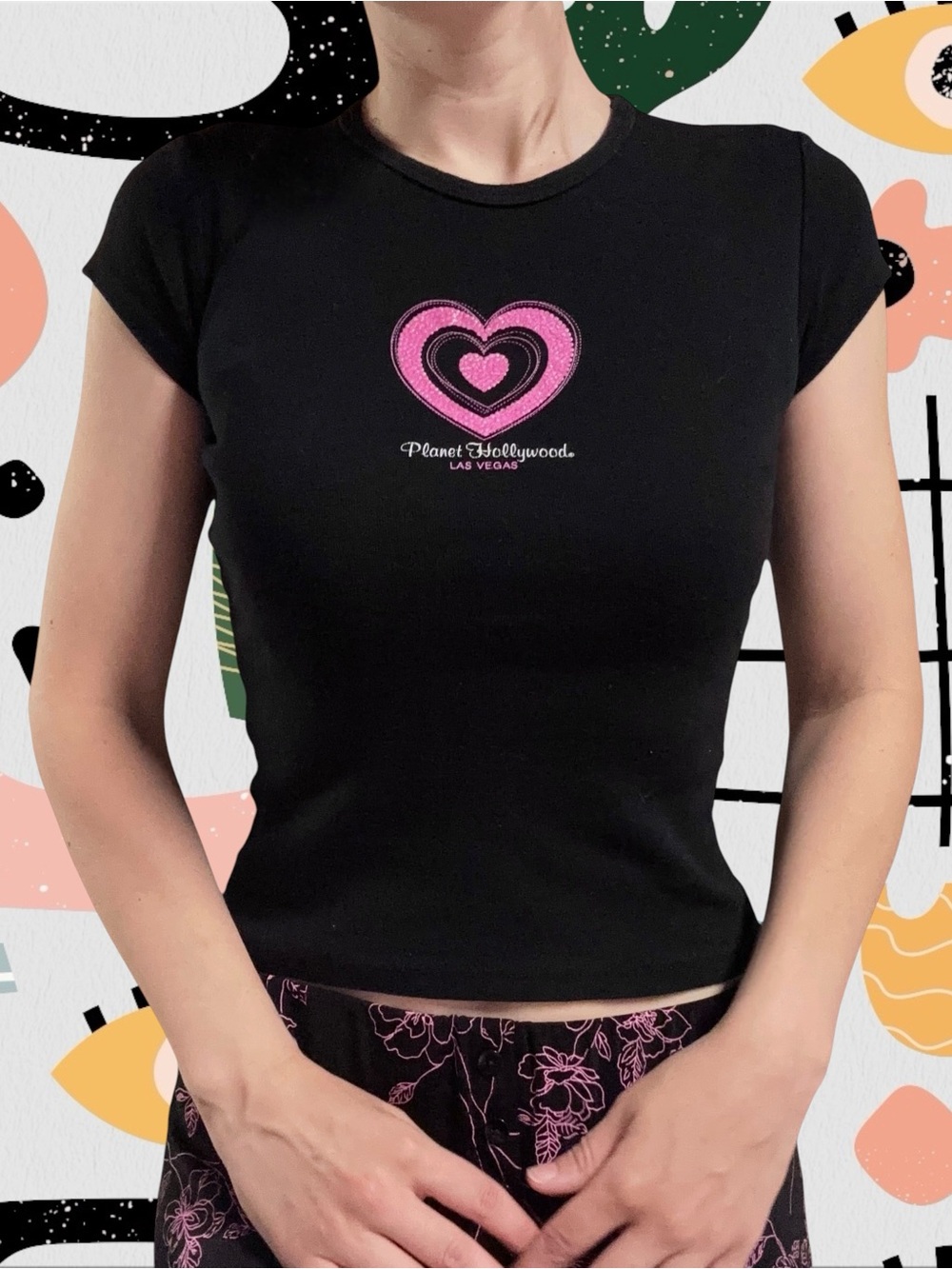 Planet Hollywood | Vintage 1998 Y2K Black Pink Heart Embellished Baby Tee